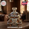 Fallout T-50 power armor helmet whiskey decanter in cut glass with amber liquid, reading 30th anniversary 1997-2027 text.!