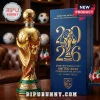 Gold 2026 FIFA World Cup commemorative trophy bottle with green base and blue display box featuring USA, Canada, Mexico.!