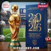 2026 FIFA World Cup gold trophy bottle with soccer ball stopper, green base, and blue commemorative packaging box.!