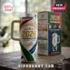 White stainless steel 2026 FIFA World Cup tumbler with handle, straw, and USA, Canada, and Mexico country motifs.!