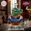 Faceted crystal alligator head decanter wearing a blue and orange jersey, inscribed with Only Gators get out alive text.!