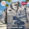 Ford Mustang button-up shirt with blue and white toile print featuring vintage cars, Route 66 signs, and desert landscapes.!