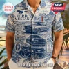 Ford Mustang toile print button-down short sleeve shirt featuring blue ink illustrations of classic and modern cars.!