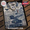 Mustang Spirit button-down shirt with blue and white toile print featuring Ford Mustang cars, Route 66, and desert scenery.!