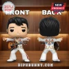Vinyl Elvis Presley figure wearing white eagle jumpsuit with guitar, showing front and back views on wood background.!