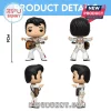 Elvis Presley vinyl figure wearing a white jumpsuit with eagle embroidery and acoustic guitar, shown from four angles.!