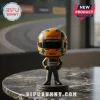 McLaren F1 racing driver bobblehead in papaya orange helmet and dark gray suit standing on a circular black base.!