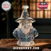 Gandalf glass bust decanter with crystal wizard hat, pointed beard, and 2001-2026 engraving on a wooden table.!