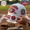 White Georgia Bulldogs baseball cap with frayed edges, red embroidered text, and College World Series patches.!