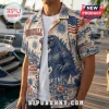 Godzilla themed short sleeve button-up shirt featuring red, white, and blue American patriotic and city skyline graphics.!
