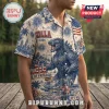 Godzilla themed short-sleeve button-down shirt with vintage American flag, fireworks, and Statue of Liberty print.!
