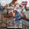 Short-sleeve button-down shirt featuring Godzilla, the Statue of Liberty, fireworks, and American flags in red, white, blue.!