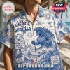 Blue and white patterned button-down shirt featuring Godzilla, Statue of Liberty, US flags, and 1776-2026 text.!