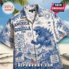 Blue and white patterned button-down shirt featuring Godzilla, American flags, fireworks, and text regarding freedom.!