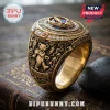 Gold Grateful Dead commemorative ring featuring a dancing bear, lightning bolts, mushrooms, and inscribed lyrical text.!