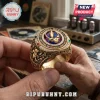 Gold-toned Grateful Dead ring with a lightning bolt skull logo, iridescent center, and engraved dancing bear motifs.!