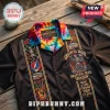 Black button-down shirt featuring Grateful Dead embroidery, tie-dye collar, and Truckin' song lyrics on a wooden surface.!