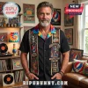 Man wearing a black Grateful Dead button-down shirt with tie-dye collar, skeleton graphics, and song lyric embroidery.!