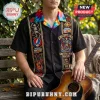 Black short-sleeve button-down shirt featuring Grateful Dead imagery, tie-dye collar, and graphic panel prints.!