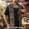 Black button-down short-sleeve shirt with Grateful Dead graphics, skeleton, tie-dye collar, and acoustic guitar prints.!