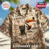 Cream-colored Guinness Hawaiian shirt featuring a toucan, pint glass, palm trees, and St. James's Gate branding.!