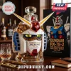 Gundam RX-78-2 themed glass whiskey decanter with glowing yellow eyes, next to a matching 47th anniversary display box.!