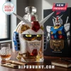 Gundam RX-78-2 themed glass whiskey decanter with glowing yellow eyes, sitting on a wooden desk next to a glass and cigar.!