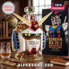 Gundam RX-78-2 themed glass whiskey decanter with 47th anniversary labeling, positioned next to a matching gift box.!
