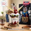 Gundam RX-78-2 themed glass whiskey decanter with gold, blue, and red accents next to its matching branded display box.!
