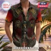 Guns N' Roses button-up short sleeve shirt featuring skull graphics, stained glass patterns, and red rose motifs.!