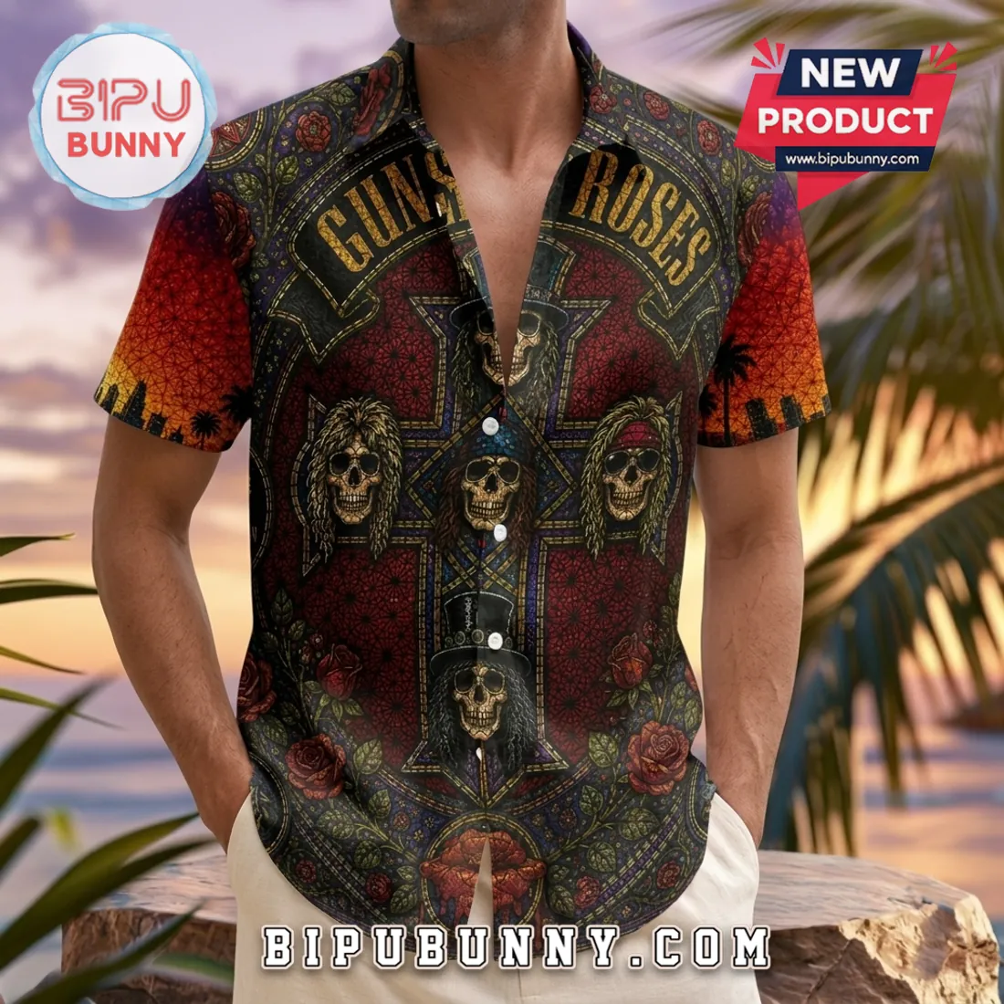 Guns N’ Roses Gothic Stained Glass Skull Cross Hawaiian Shirt Guns N’ Roses Gothic Stained Glass Skull Cross Hawaiian Shirt