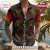 Guns N' Roses button-up shirt featuring skull graphics, cross motifs, and red rose patterns on a dark stained-glass print.!