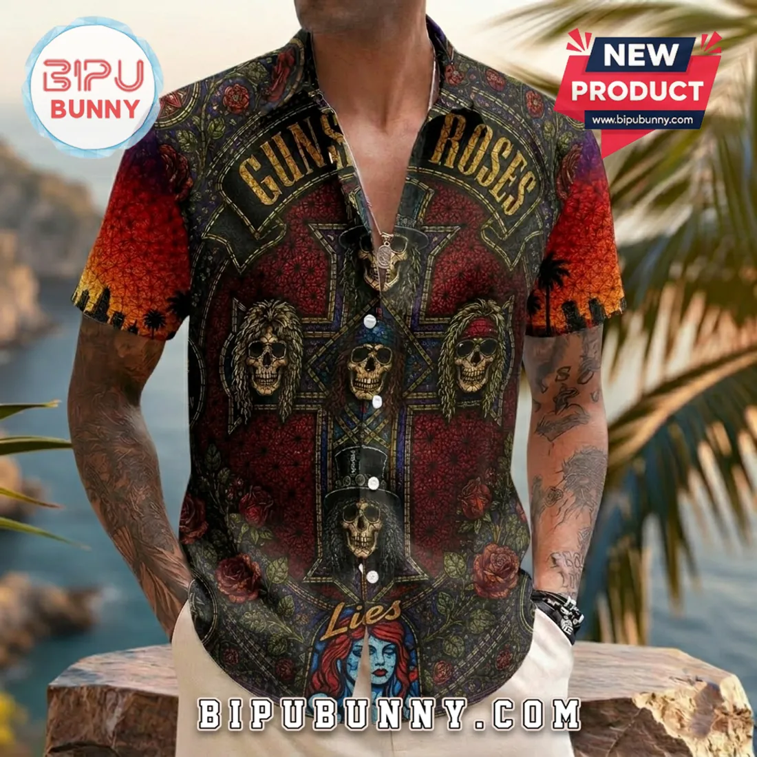 Guns N’ Roses Gothic Stained Glass Skull Cross Hawaiian Shirt Guns N’ Roses Gothic Stained Glass Skull Cross Hawaiian Shirt