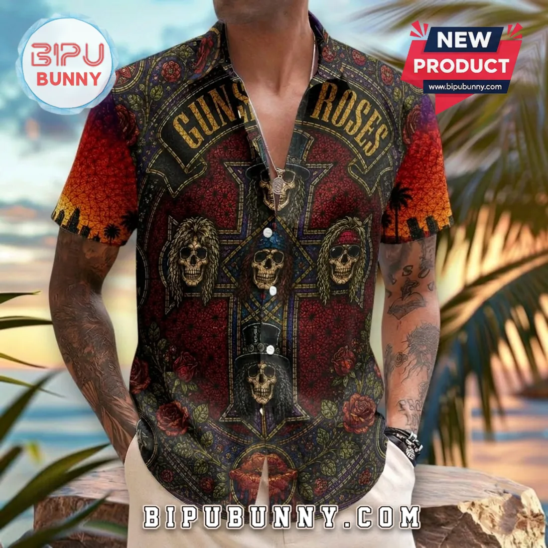 Guns N’ Roses Gothic Stained Glass Skull Cross Hawaiian Shirt Guns N’ Roses Gothic Stained Glass Skull Cross Hawaiian Shirt