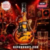 Guitar-shaped amber whiskey bottle with a Slash portrait, J.H. Distillers label, and text reading glala Rock N Roll Legend.!