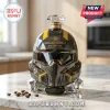 Helldivers 2 B-01 Tactical helmet shaped glass decanter with gold accents and a diamond-cut crystal stopper on a counter.!
