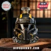 Helldivers 2 B-01 Tactical helmet shaped glass liquor decanter with black and gold metallic finish on a wooden surface.!