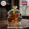 Helldivers 2 themed glass whiskey decanter shaped like a soldier helmet with yellow stripes on a wooden desk.!