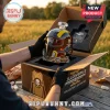 Helldivers 2 helmet-shaped glass whiskey decanter with yellow accents, skull logo, and branded cardboard presentation box.!
