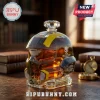 Helldivers 2 themed glass liquor decanter shaped like a helmet with yellow stripes, skull logo, and engraved text base.!