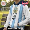 Hello Kitty wearing an Argentina soccer jersey printed on a white and light blue vertical striped hooded sweatshirt.!