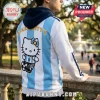 White and light blue striped soccer-style hoodie featuring a Hello Kitty graphic with a number 10 jersey and soccer ball.!