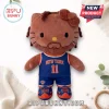 Brown plush toy of Hello Kitty character wearing a Jalen Brunson New York Knicks jersey with number 11 and blue sneakers.!