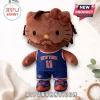 Brown plush toy wearing a blue New York number 11 basketball jersey with matching shorts and athletic sneakers.!