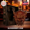 High West 20th anniversary bison-shaped whiskey decanter in a black presentation box with gold lettering on wood table.!