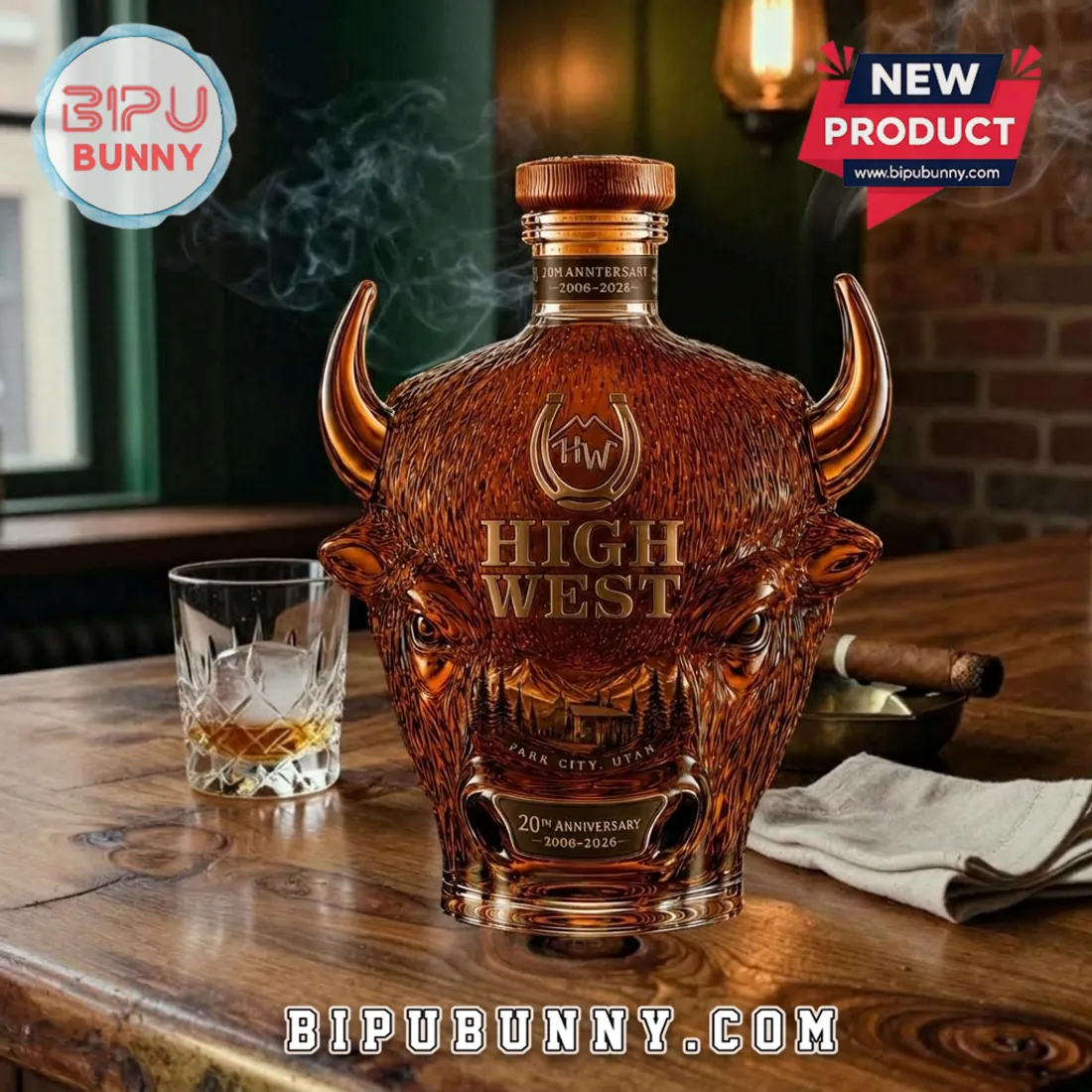 High West 20th Anniversary Sculpted Glass American Bison Head Whiskey Decanter High West 20th Anniversary Sculpted Glass American Bison Head Whiskey Decanter