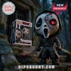 Vinyl figure of a horror character with a cracked Jason-style mask, one glowing red eye, and a blood-stained machete.!