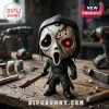 Vinyl figure of a masked horror character with a cracked hockey mask, Ghostface hood, and glowing red eye holding a blade.!