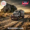 Vintage rusty cargo truck on a dirt road near an abandoned wooden barn at sunset with a Bipu Bunny logo in the corner.!