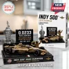 Indy 500 2026 champion building block set with a gold race car, silver trophy, and display plaque on a white countertop.!